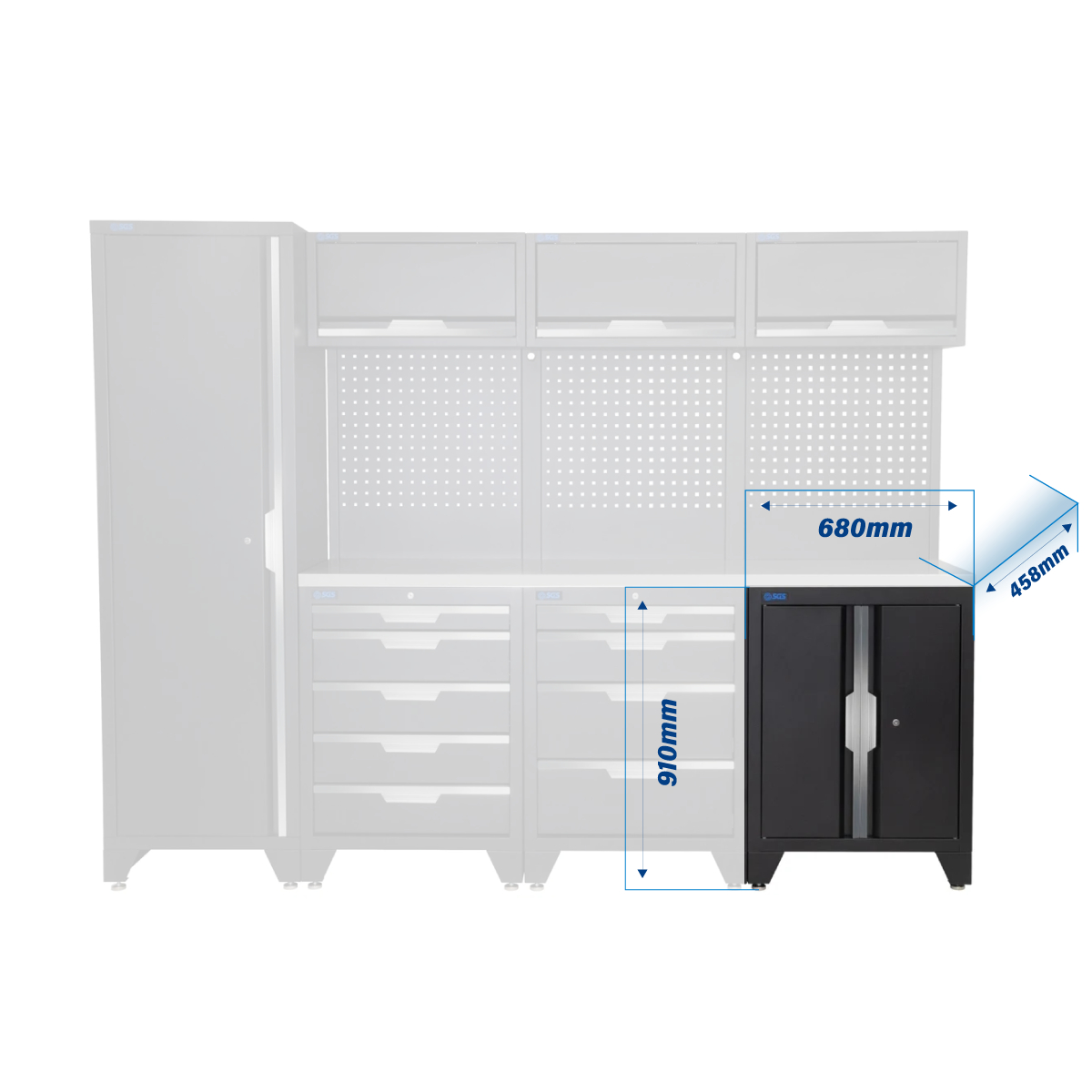 SGS 10pc Modular Garage Storage | 9 Drawers | Stainless Steel Worktop | Tall Single Cabinet | Floor Cabinet | 3x Upper Cabinets
